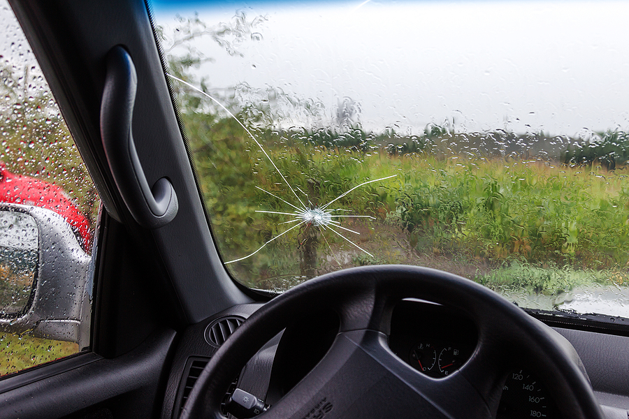 A web of radial splits, cracks on the triplex windshield.